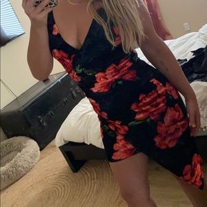 Velvet floral print spaghetti strap dress